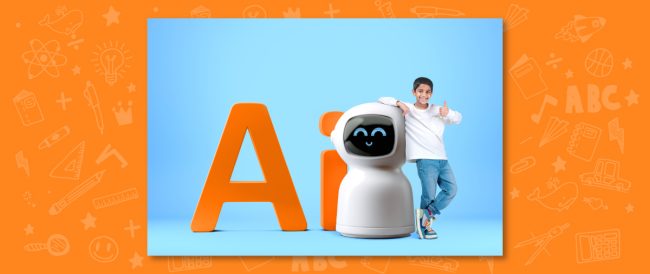 A student standing with their hand on a robot, symbolizing the integration of Artificial Intelligence (AI) in education for CBSE schools, with a background featuring the text 'AI'